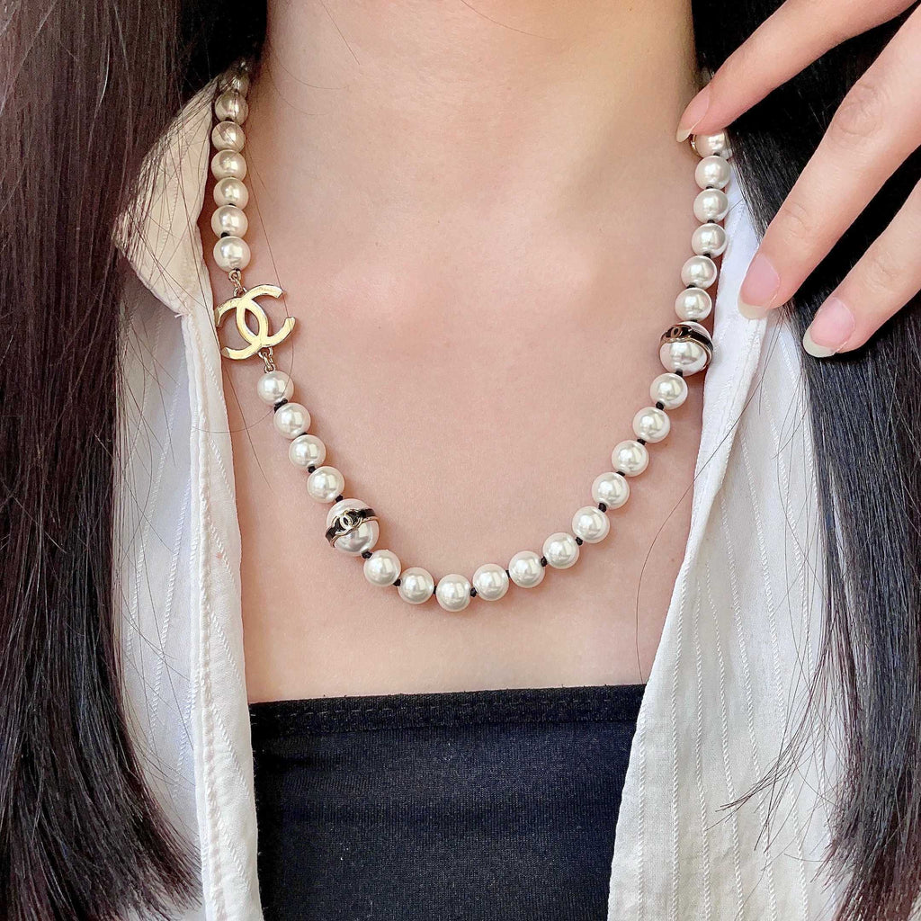 Double-C Emblem Pearl-Detail Pendant Necklace – Pearl Detail – Design 122 main product view