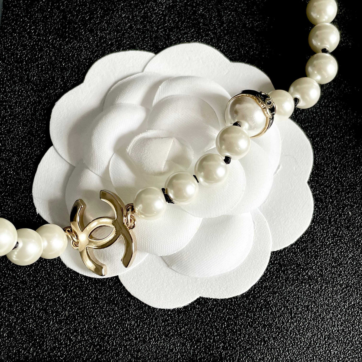 Double-C Emblem Pearl-Detail Pendant Necklace – Pearl Detail – Design 122 front product view