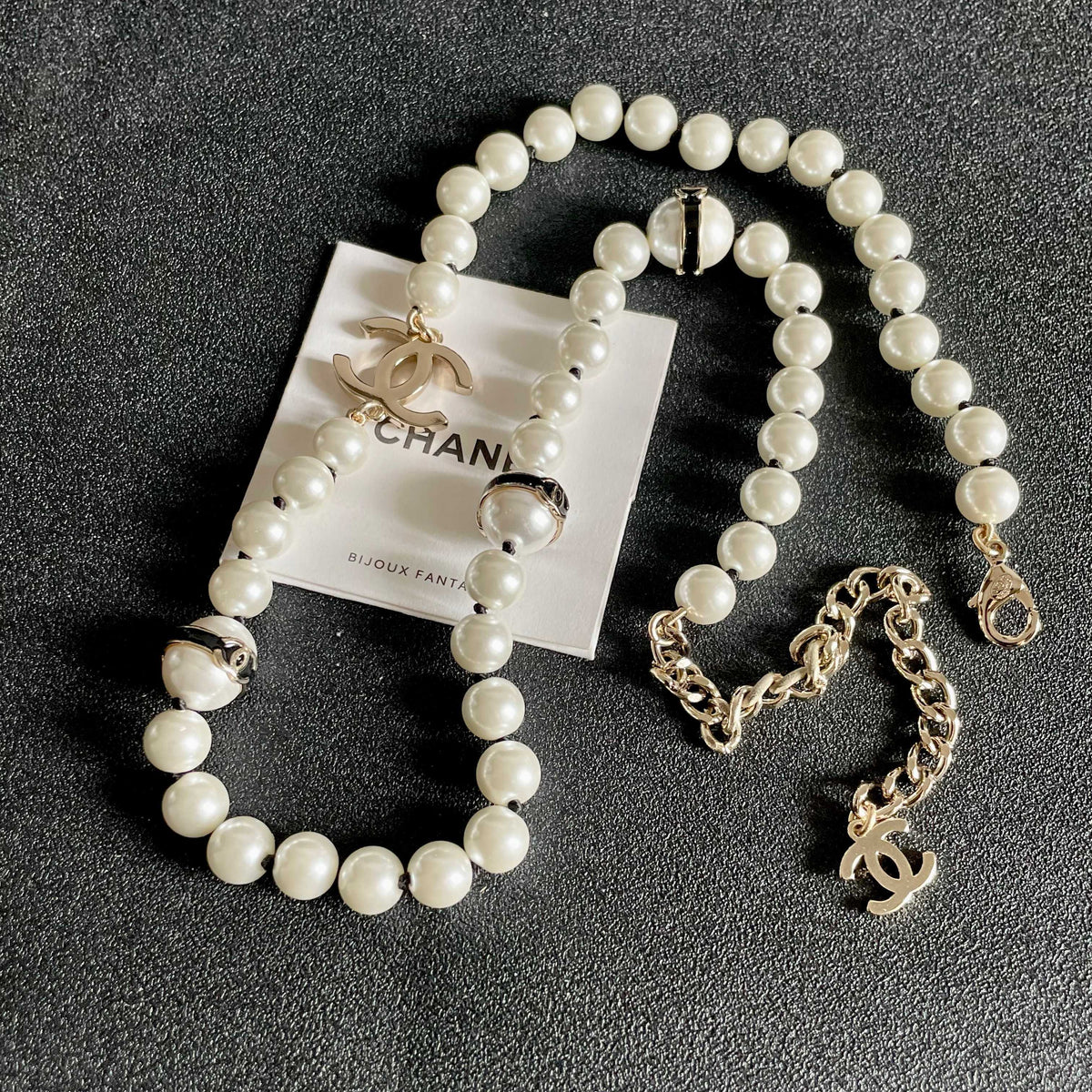 Double-C Emblem Pearl-Detail Pendant Necklace – Pearl Detail – Design 122 detail view