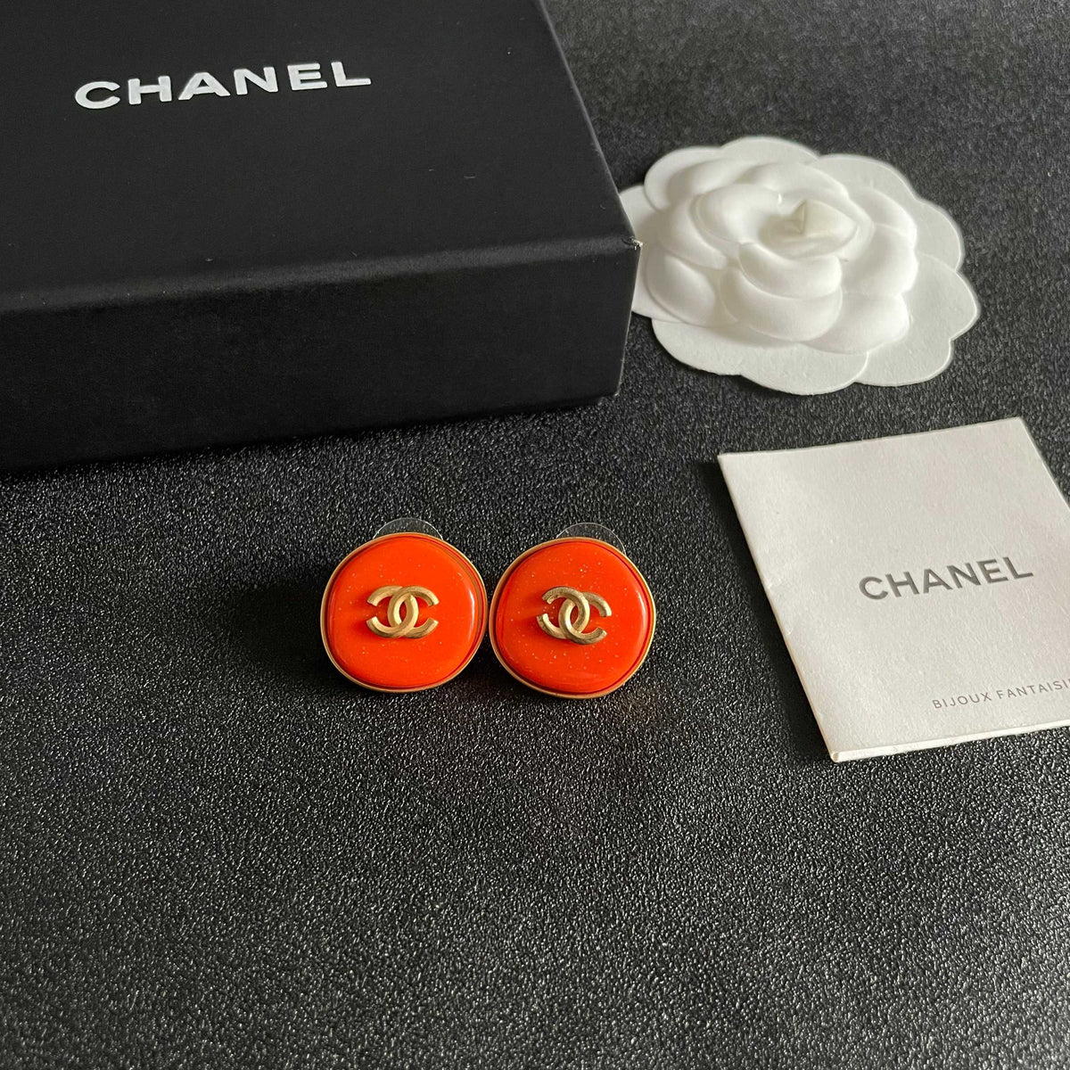 Double-C Emblem Stud Earrings in Polished Metal-Tone – Design 389 styled product view