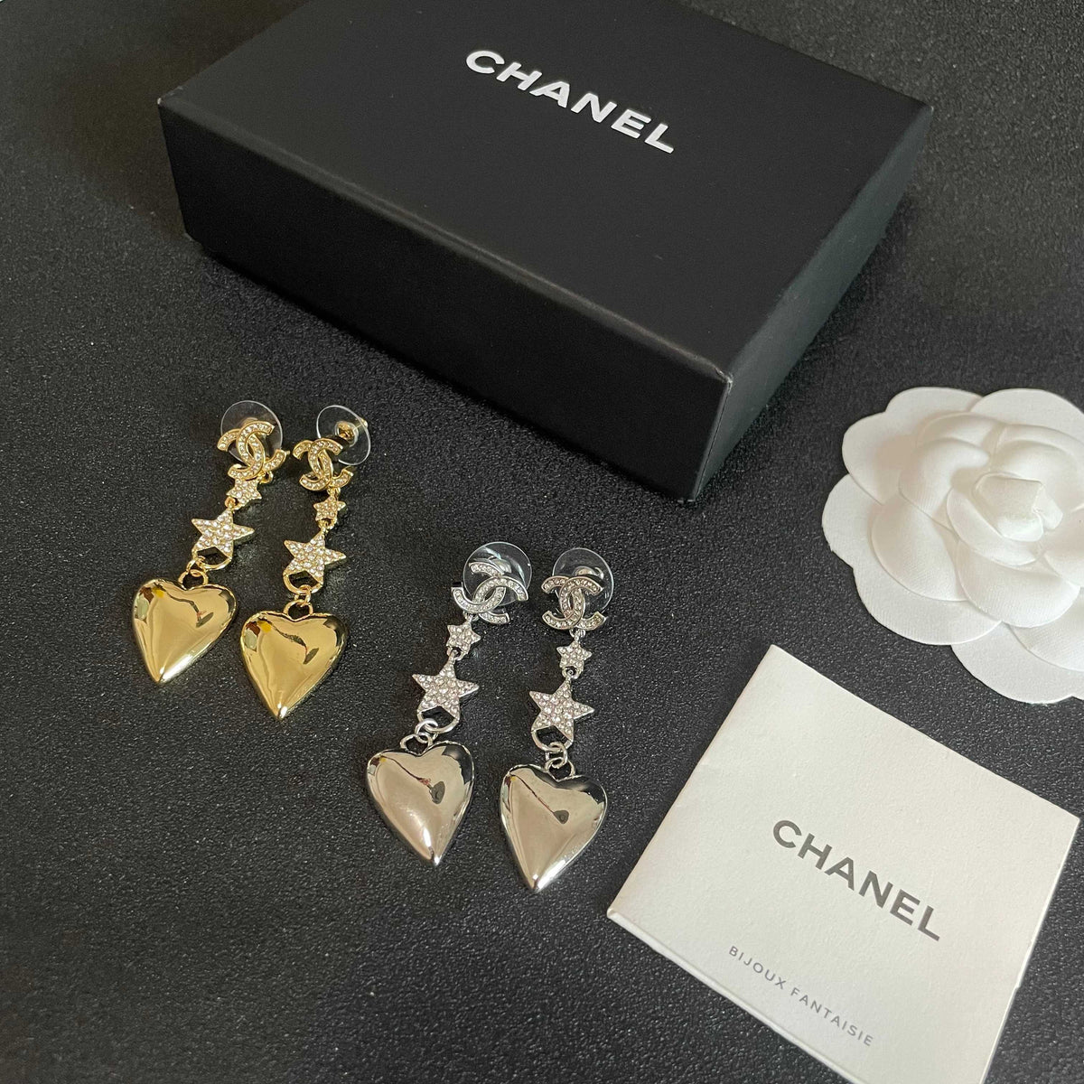 Double-C Emblem Statement Earrings in Polished Metal-Tone – Heart Detail – Design 002 close-up detail