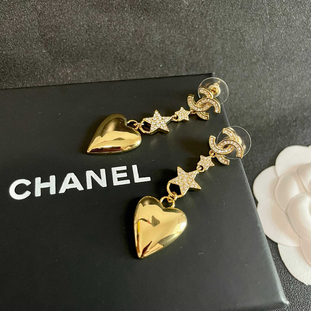 Double-C Emblem Statement Earrings in Polished Metal-Tone – Heart Detail – Design 006 detail view