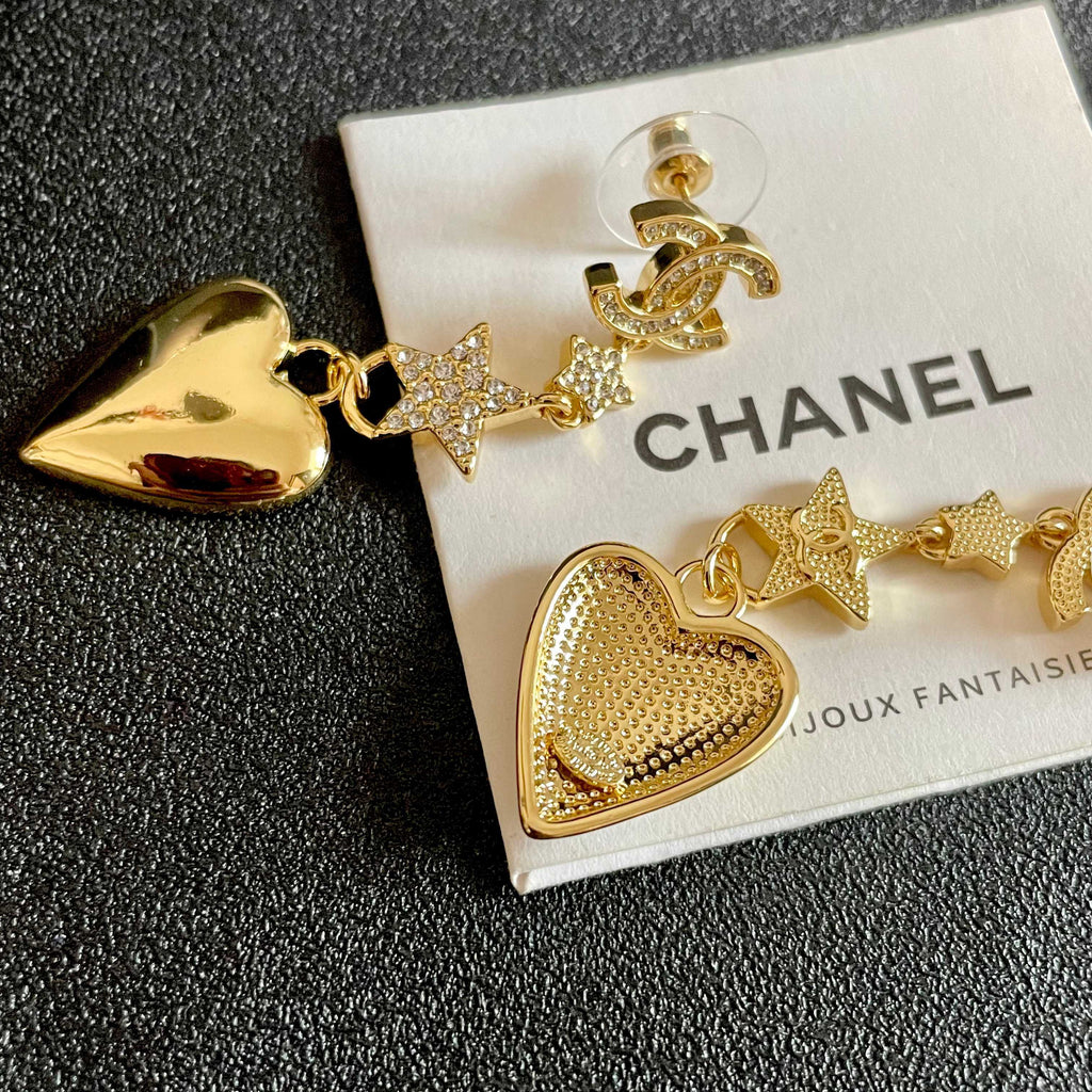 Double-C Emblem Statement Earrings in Polished Metal-Tone – Heart Detail – Design 003 main product view