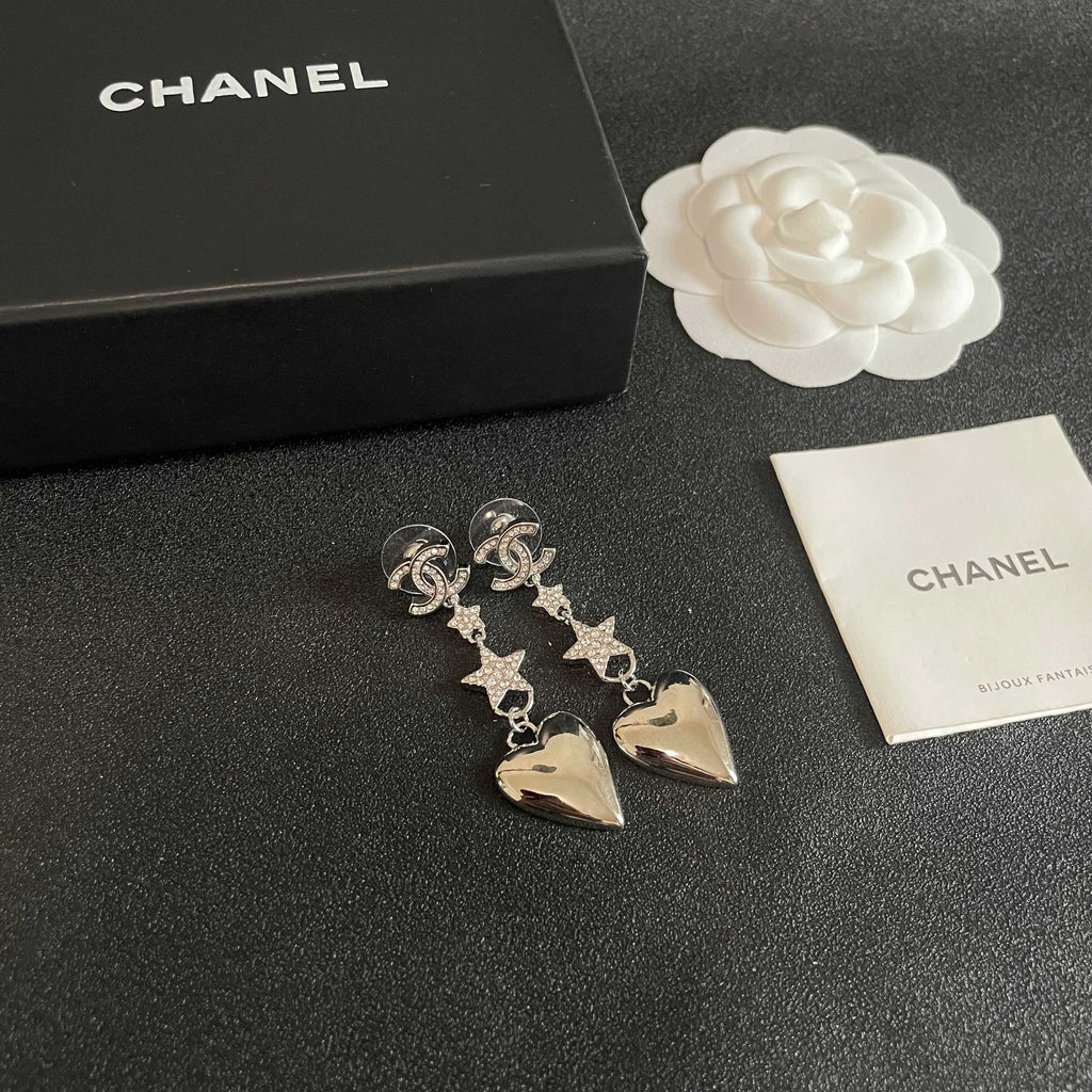 Double-C Emblem Statement Earrings in Polished Metal-Tone – Heart Detail – Design 002 styled product view