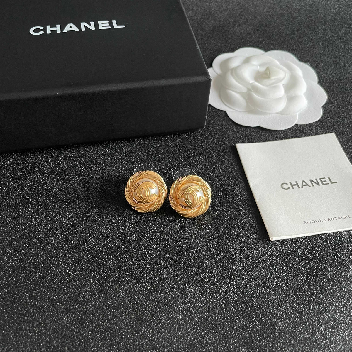 Double-C Emblem Stud Earrings in Polished Metal-Tone – Design 386 styled product view