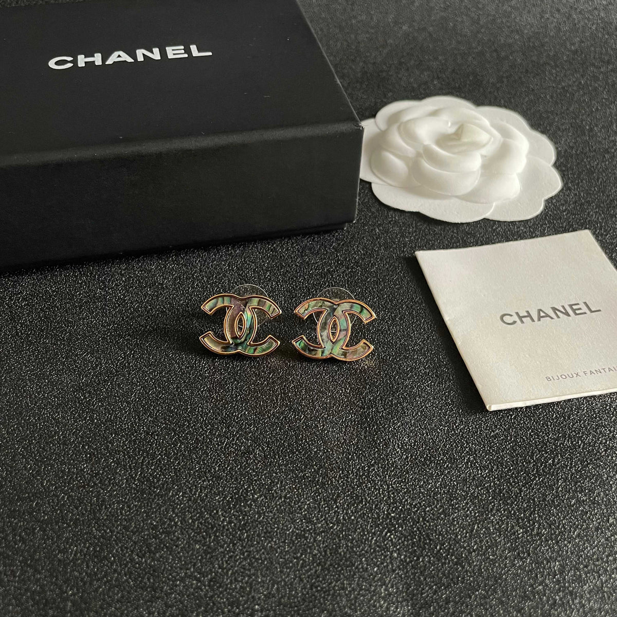 Double-C Emblem Stud Earrings in Polished Metal-Tone – Design 301 styled product view