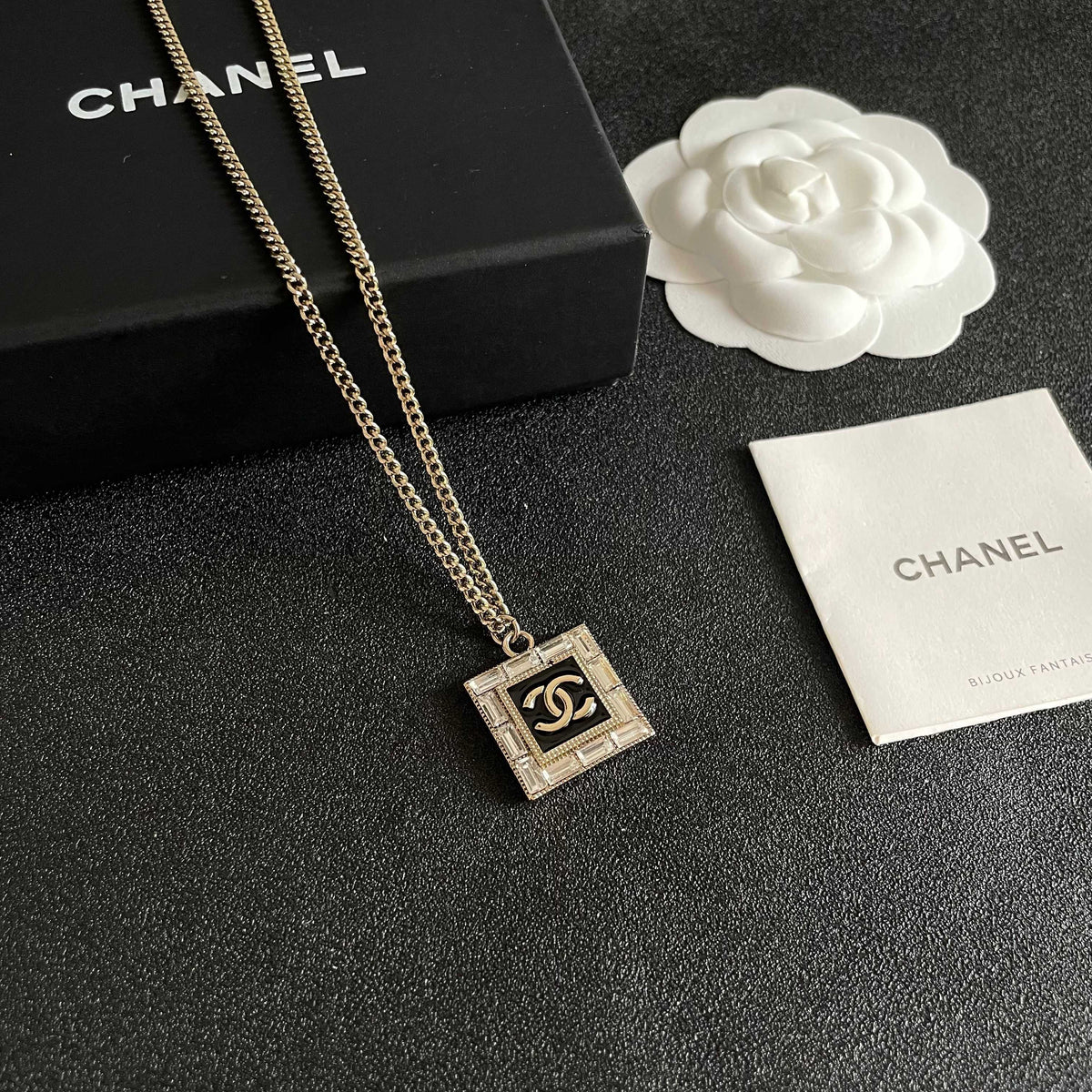 Double-C Emblem Pendant Necklace in Polished Metal-Tone – Design 079 styled product view