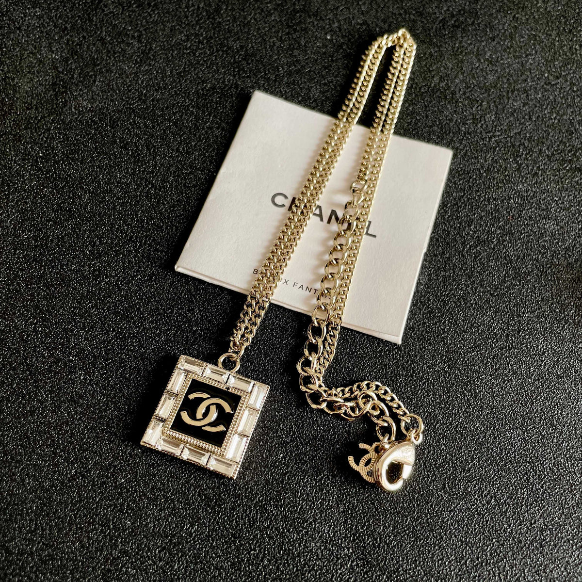 Double-C Emblem Pendant Necklace in Polished Metal-Tone – Design 079 detail view