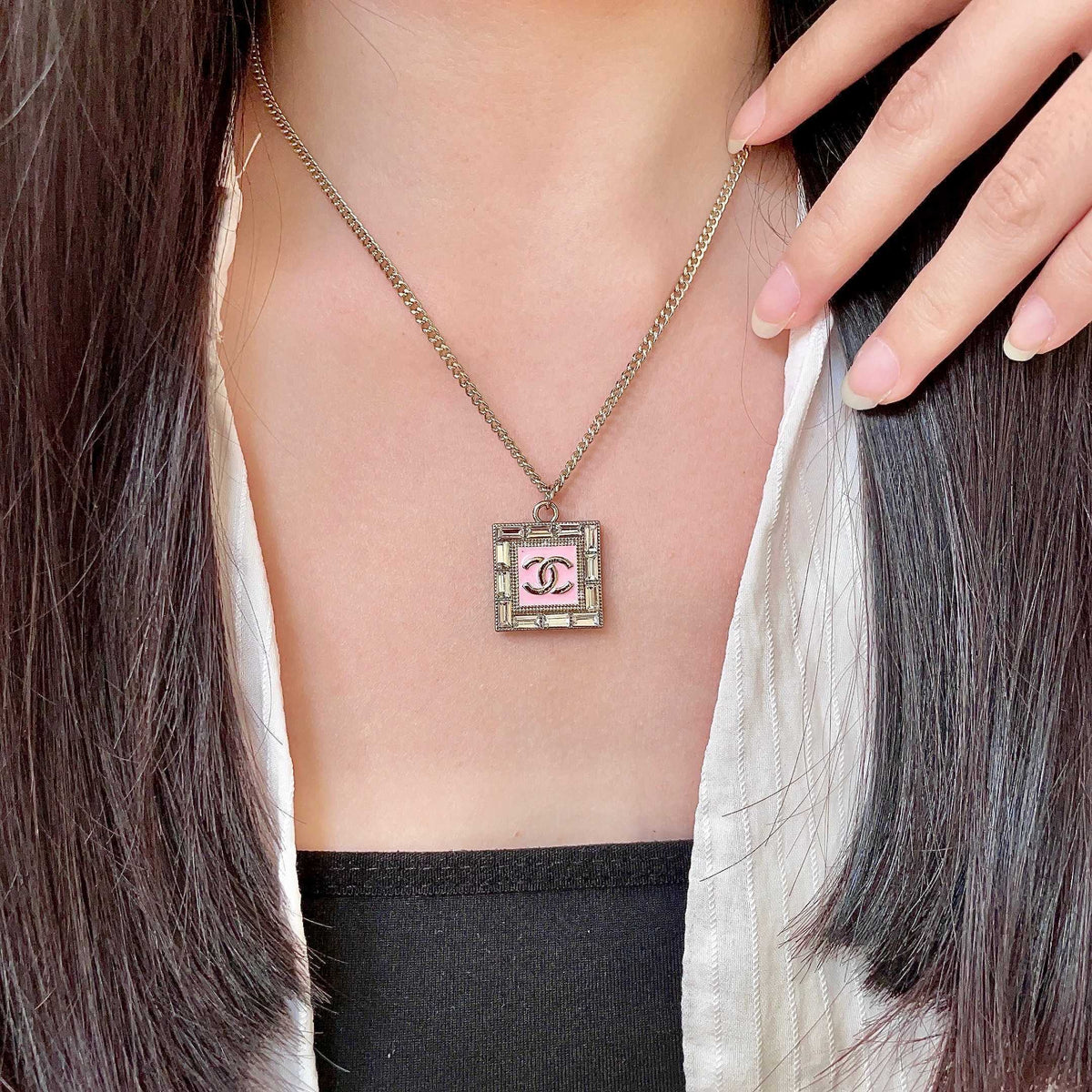 Double-C Emblem Pendant Necklace in Polished Metal-Tone – Design 046 main product view