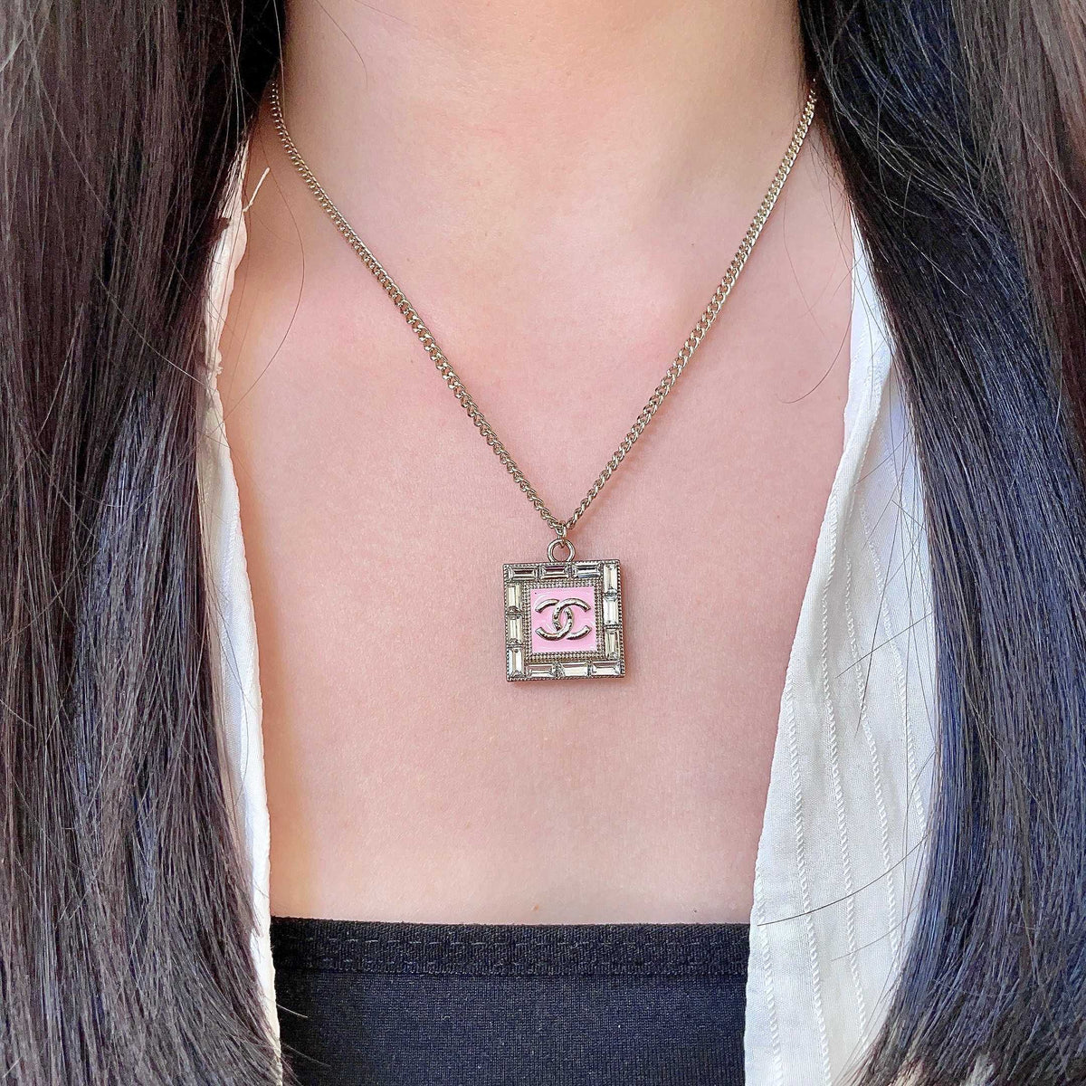 Double-C Emblem Pendant Necklace in Polished Metal-Tone – Design 008 detail view