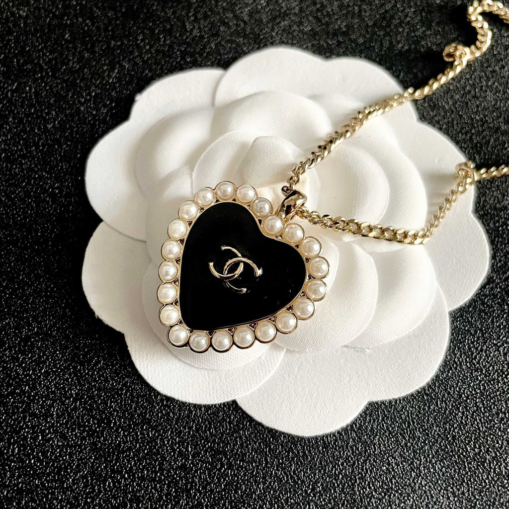 Double-C Emblem Pearl-Detail Pendant Necklace – Pearl Detail – Design 081 front product view