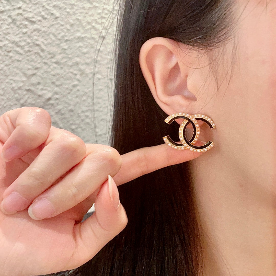 Double-C Emblem Pearl-Detail Stud Earrings – Pearl Detail – Design 031 front product view