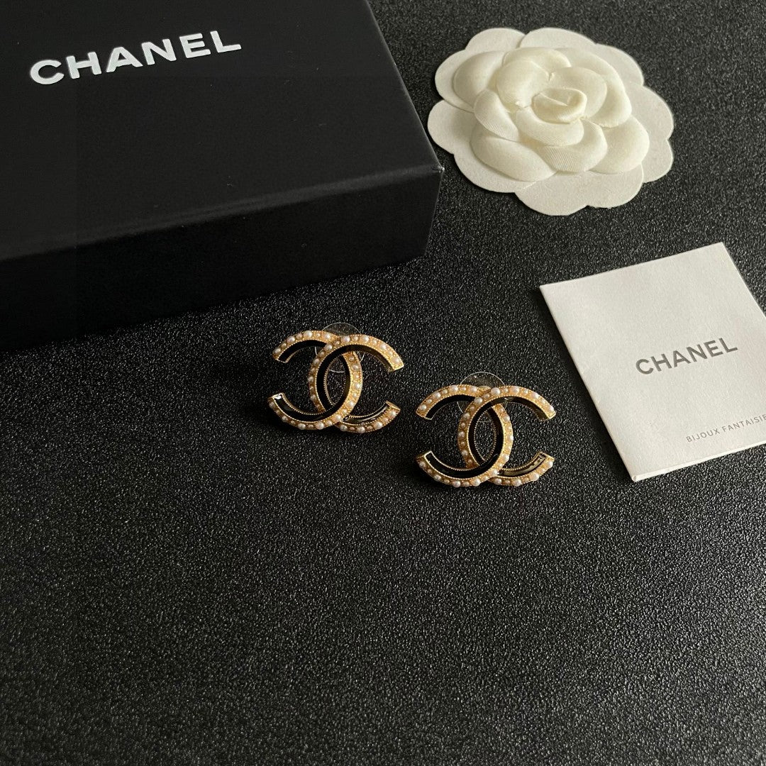 Double-C Emblem Pearl-Detail Stud Earrings – Pearl Detail – Design 031 styled product view