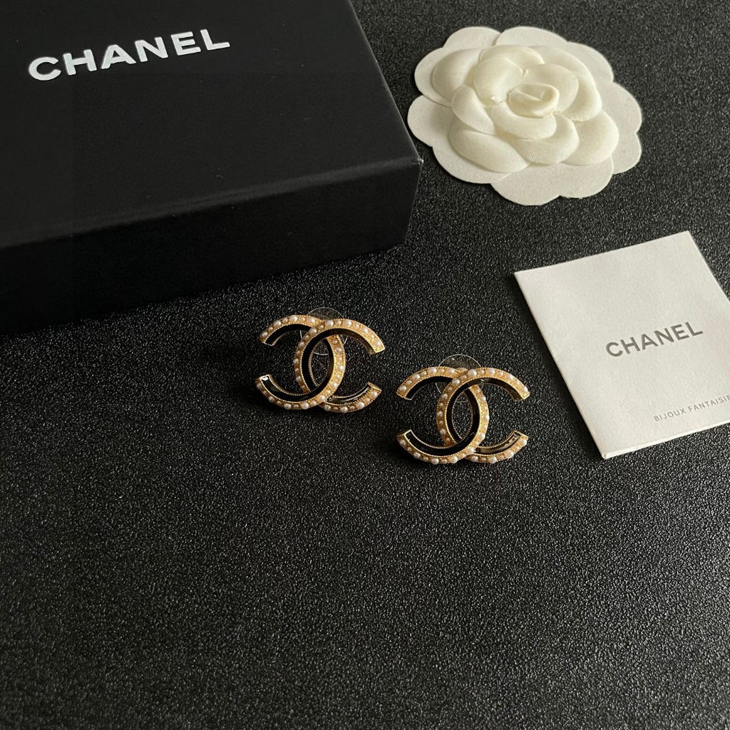 Double-C Emblem Pearl-Detail Stud Earrings – Pearl Detail – Design 029 styled product view