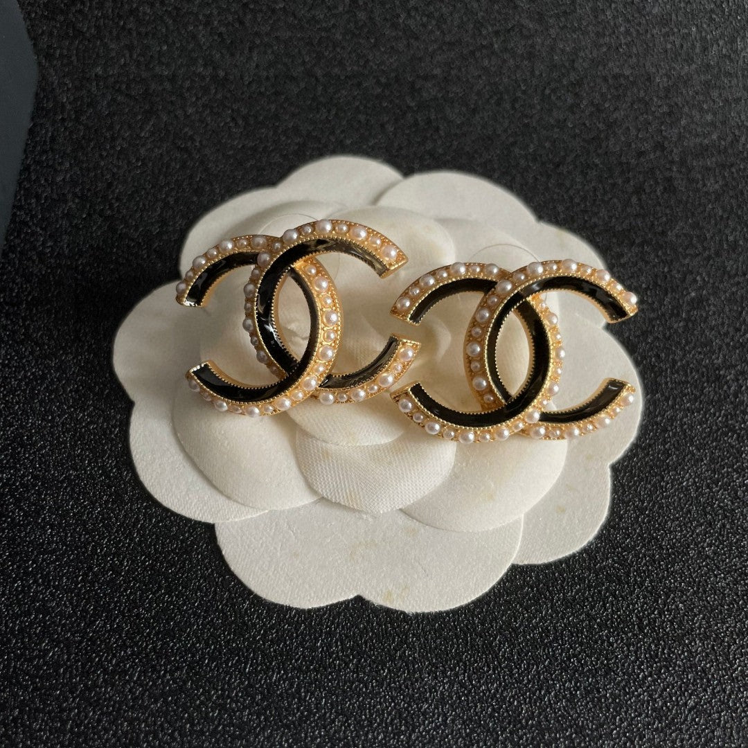 Double-C Emblem Pearl-Detail Stud Earrings – Pearl Detail – Design 029 front product view