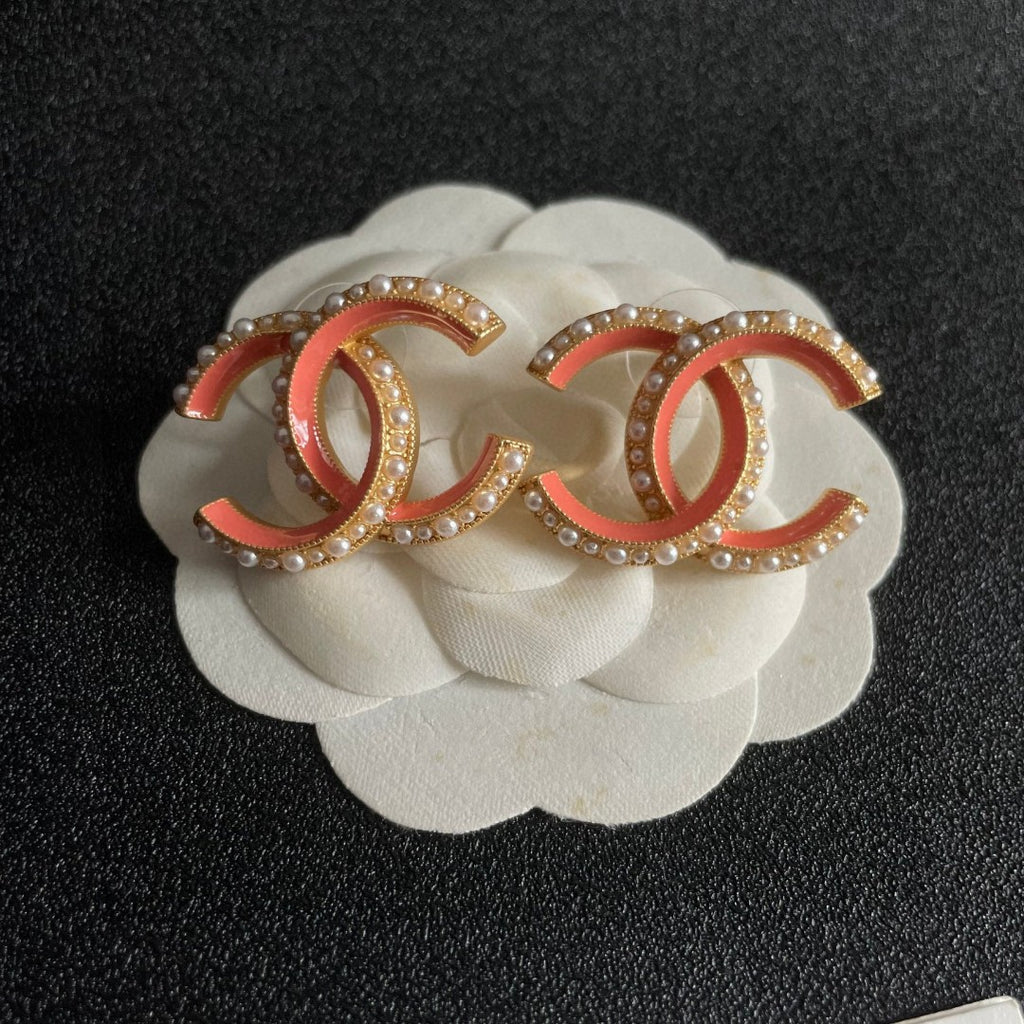 Double-C Emblem Pearl-Detail Stud Earrings – Pearl Detail – Design 030 front product view