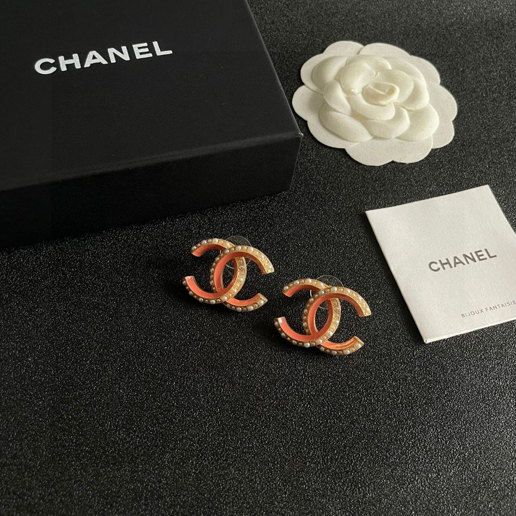 Double-C Emblem Pearl-Detail Stud Earrings – Pearl Detail – Design 030 styled product view