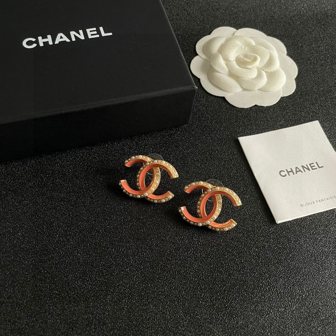 Double-C Emblem Pearl-Detail Stud Earrings – Pearl Detail – Design 030 styled product view