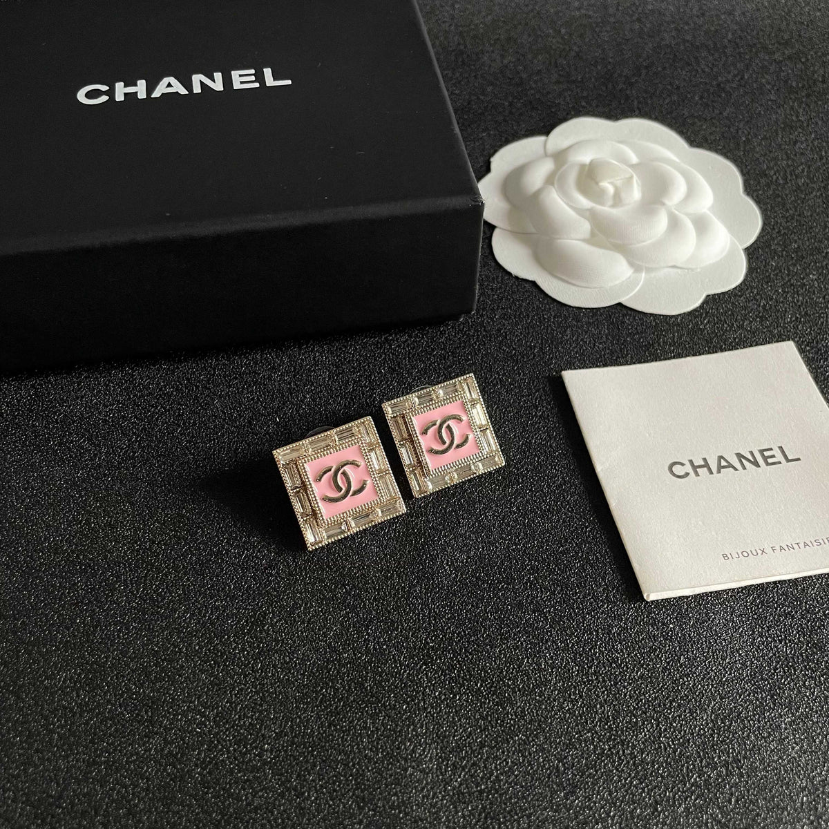 Double-C Emblem Stud Earrings in Polished Metal-Tone – Design 401 styled product view