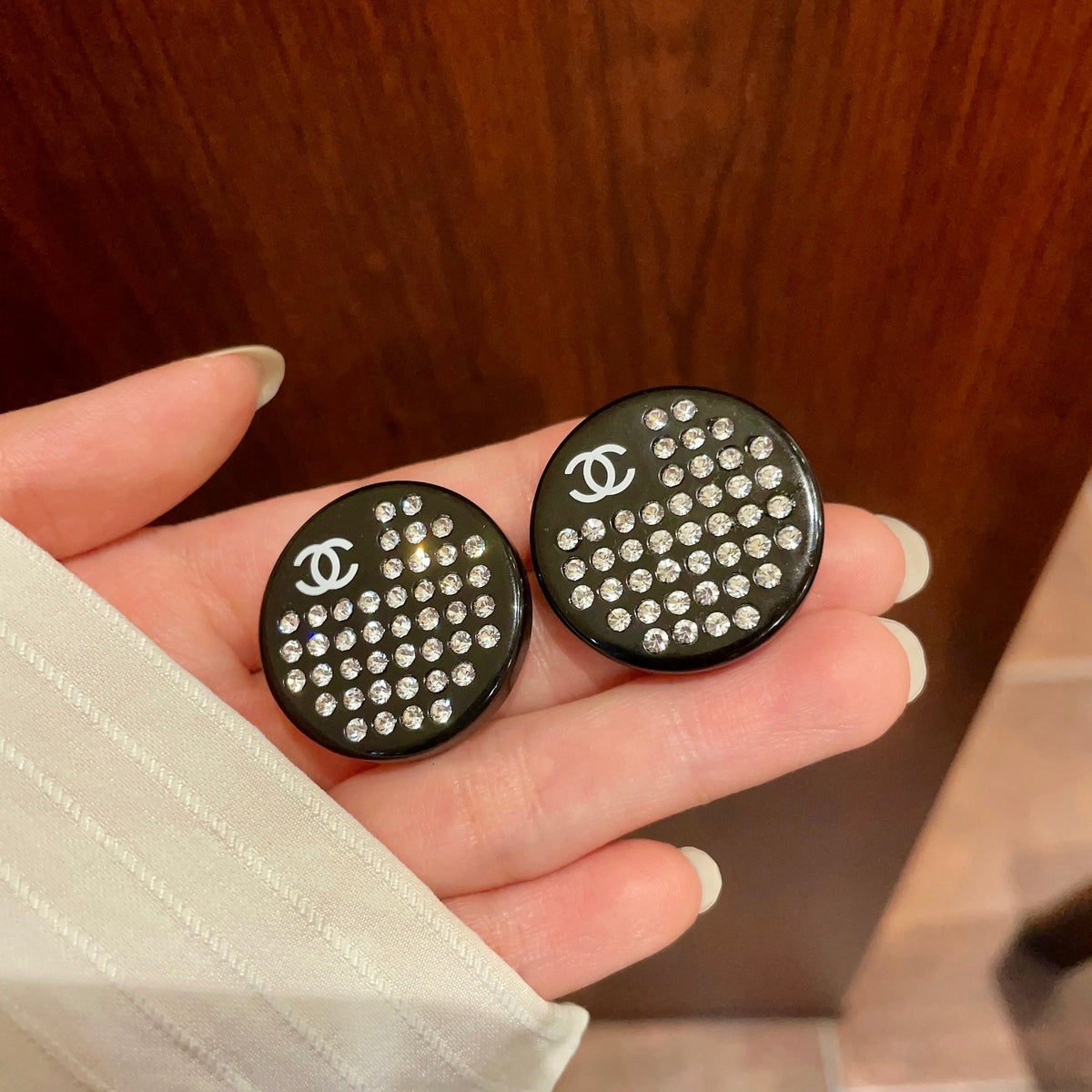 Double-C Emblem Crystal-Accent Stud Earrings – Design 062 side detail