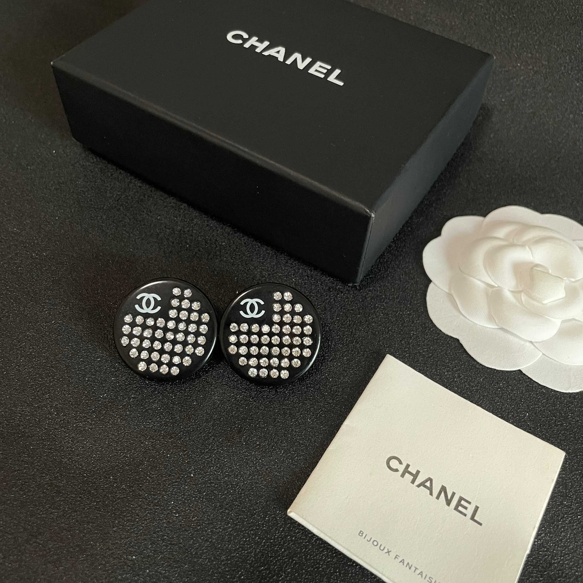 Double-C Emblem Crystal-Accent Stud Earrings – Design 061 close-up detail