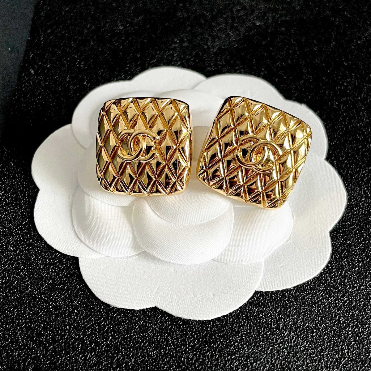 Double-C Emblem Stud Earrings in Polished Metal-Tone – Design 426 front product view