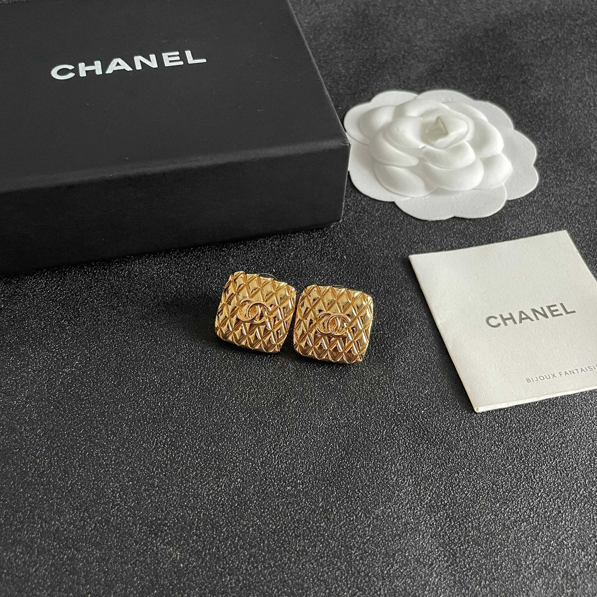 Double-C Emblem Stud Earrings in Polished Metal-Tone – Design 398 styled product view