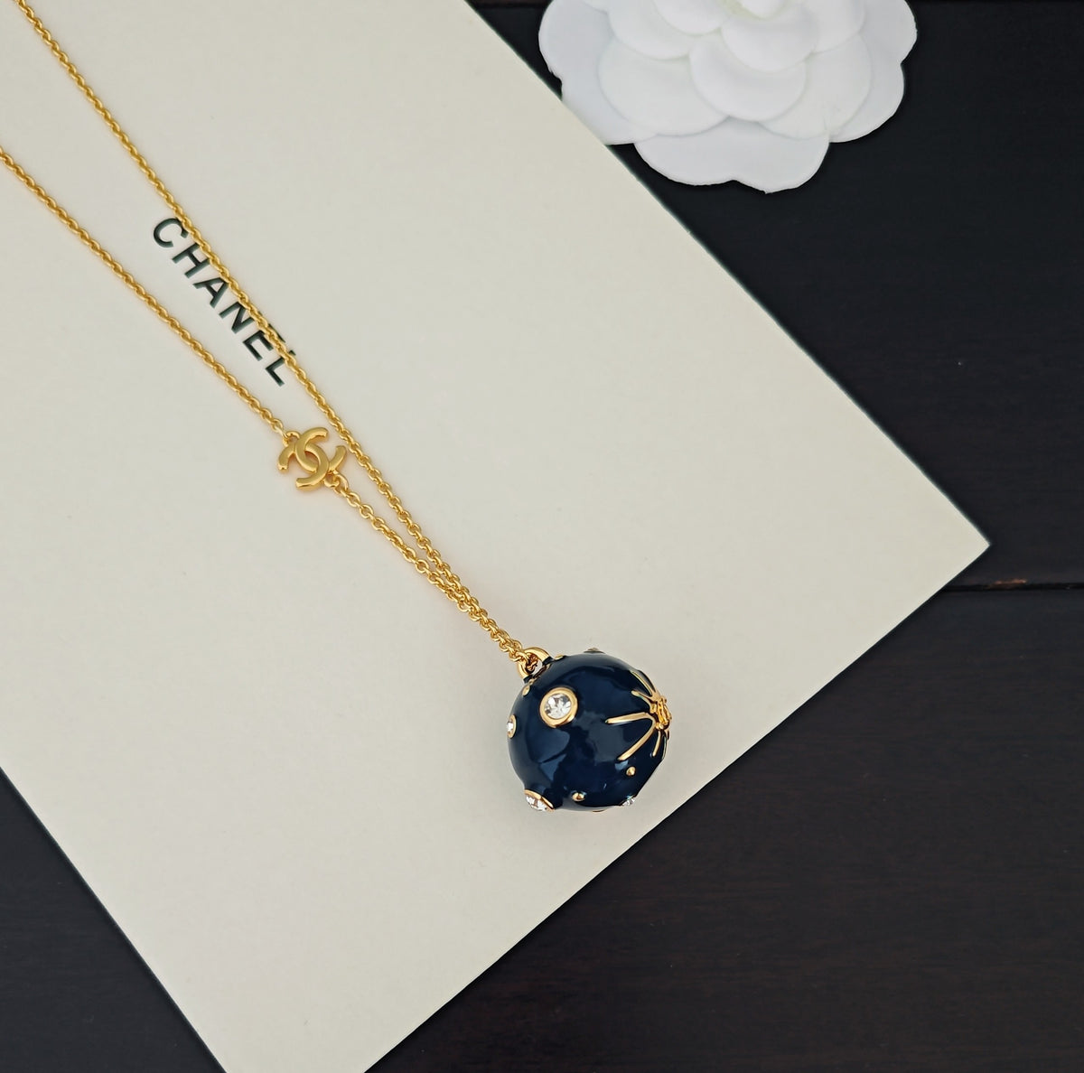Signature Emblem Pendant Necklace in Gold-Tone – Blue Detail – Design 006 detail view