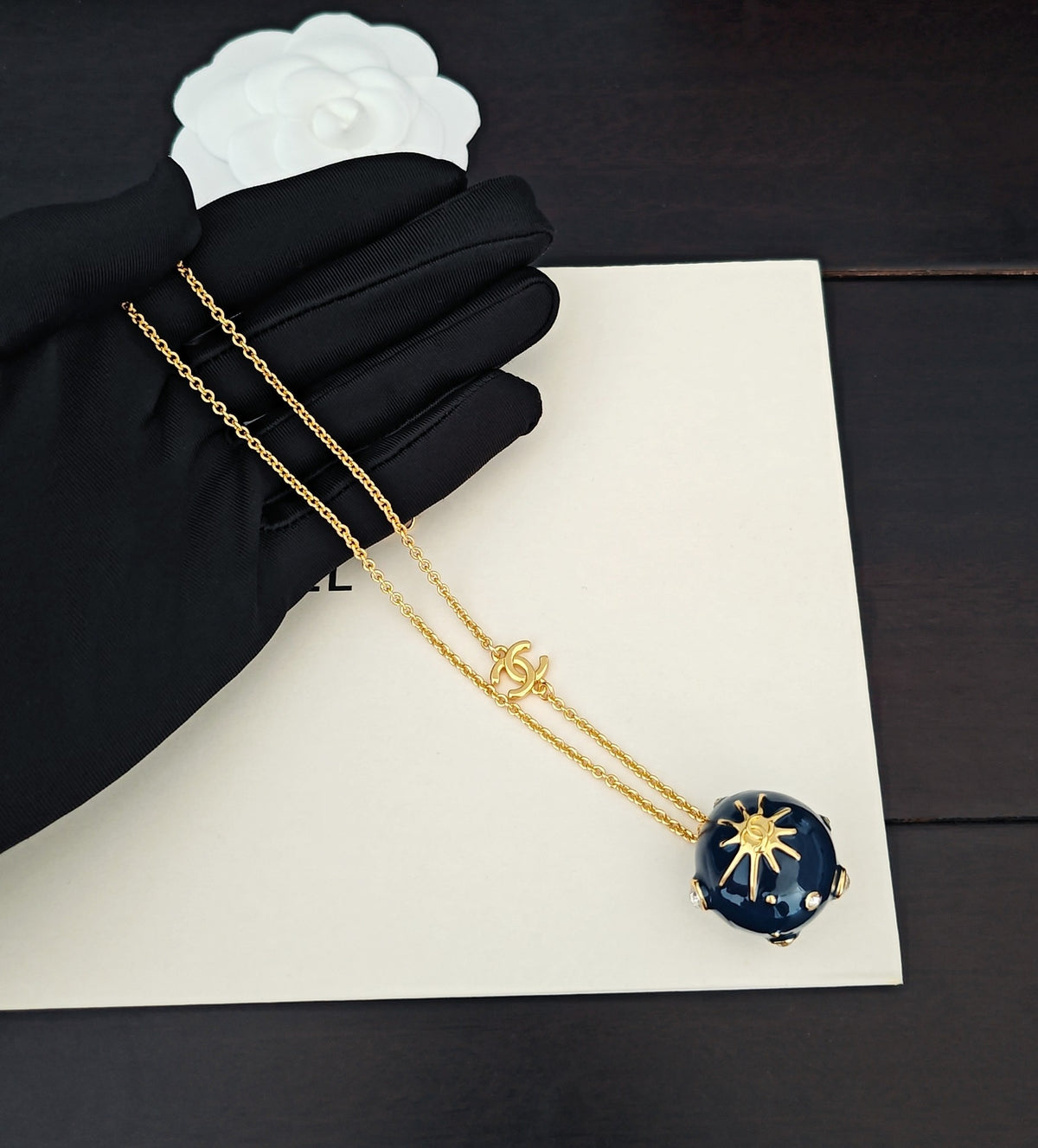 Signature Emblem Pendant Necklace in Gold-Tone – Blue Detail – Design 006 main product view