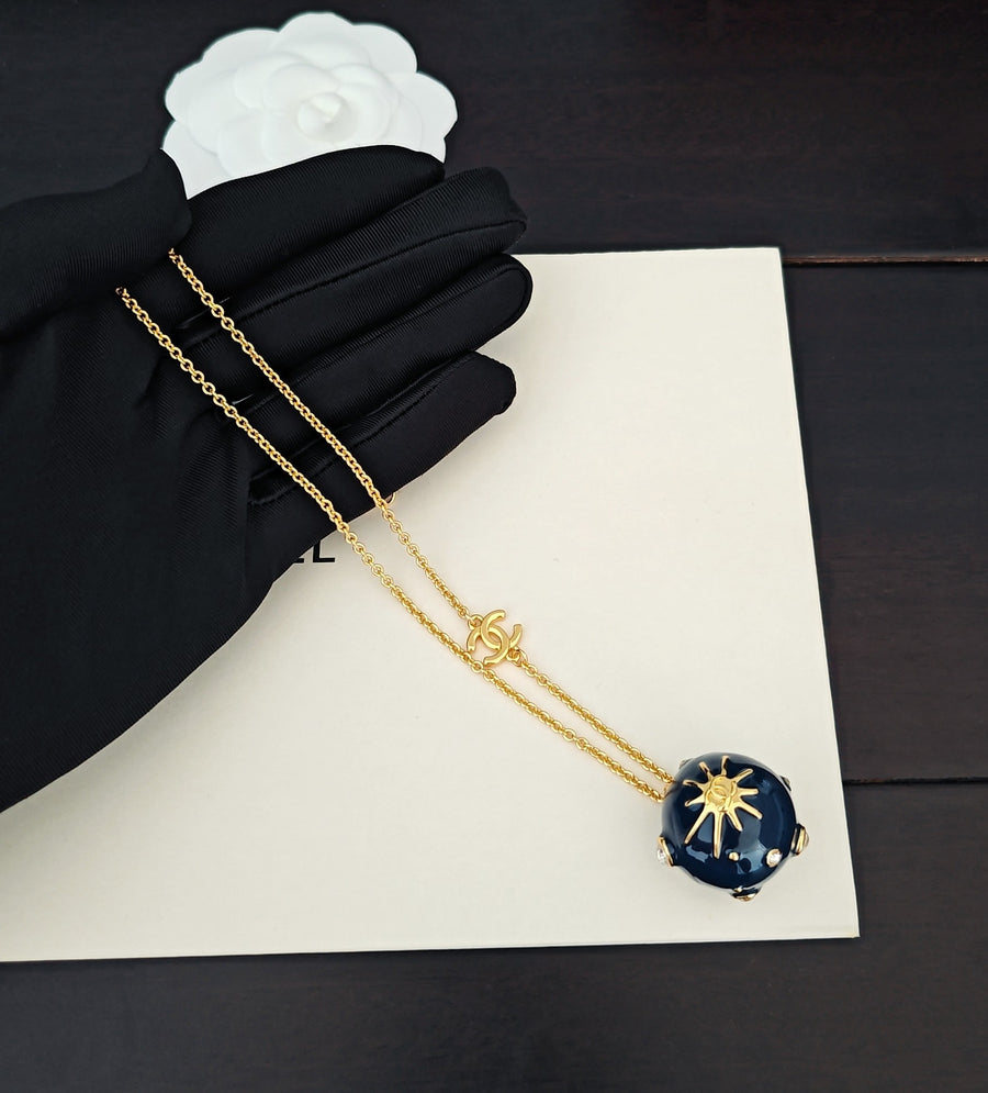 Signature Emblem Pendant Necklace in Gold-Tone – Blue Detail – Design 006 main product view