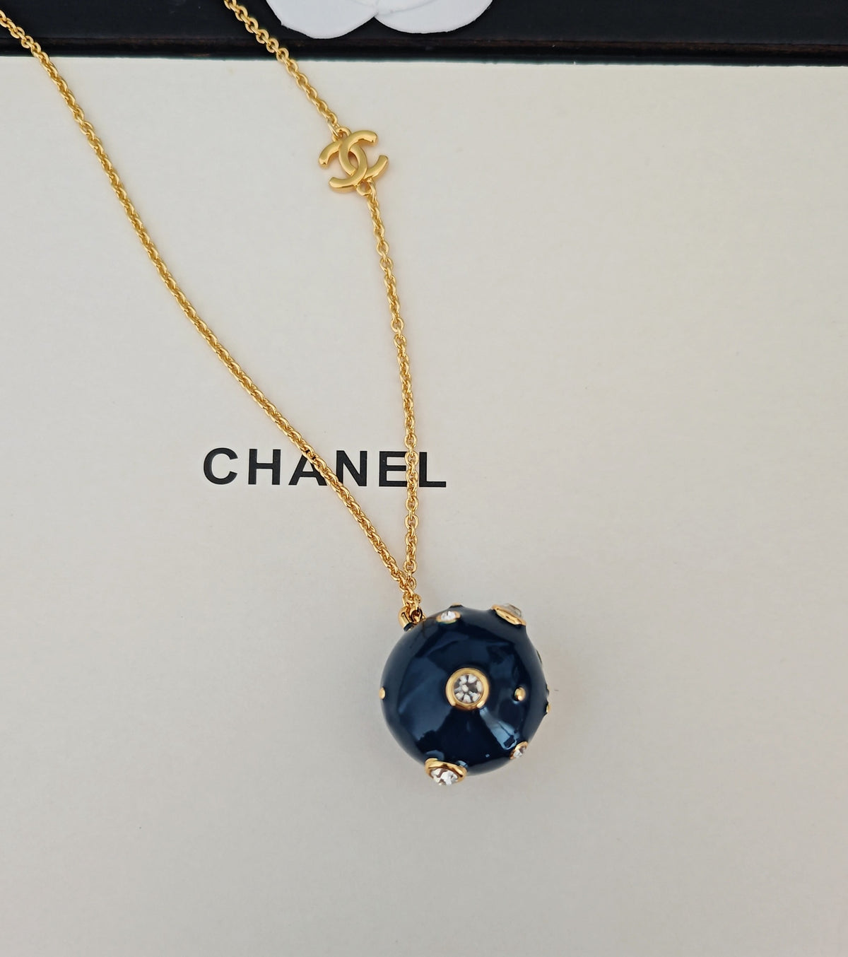 Signature Emblem Pendant Necklace in Gold-Tone – Blue Detail – Design 006 close-up detail