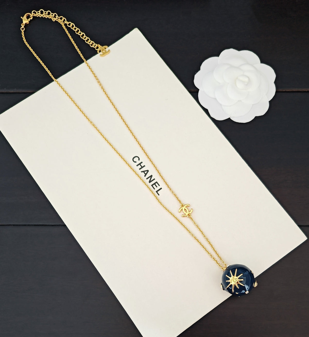 Signature Emblem Pendant Necklace in Gold-Tone – Blue Detail – Design 006 front product view