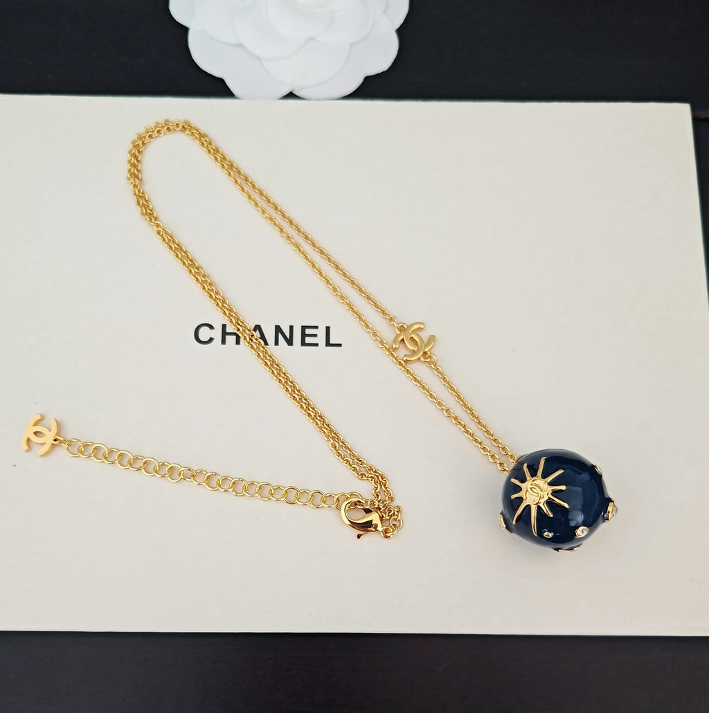 Signature Emblem Pendant Necklace in Gold-Tone – Blue Detail – Design 006 side detail