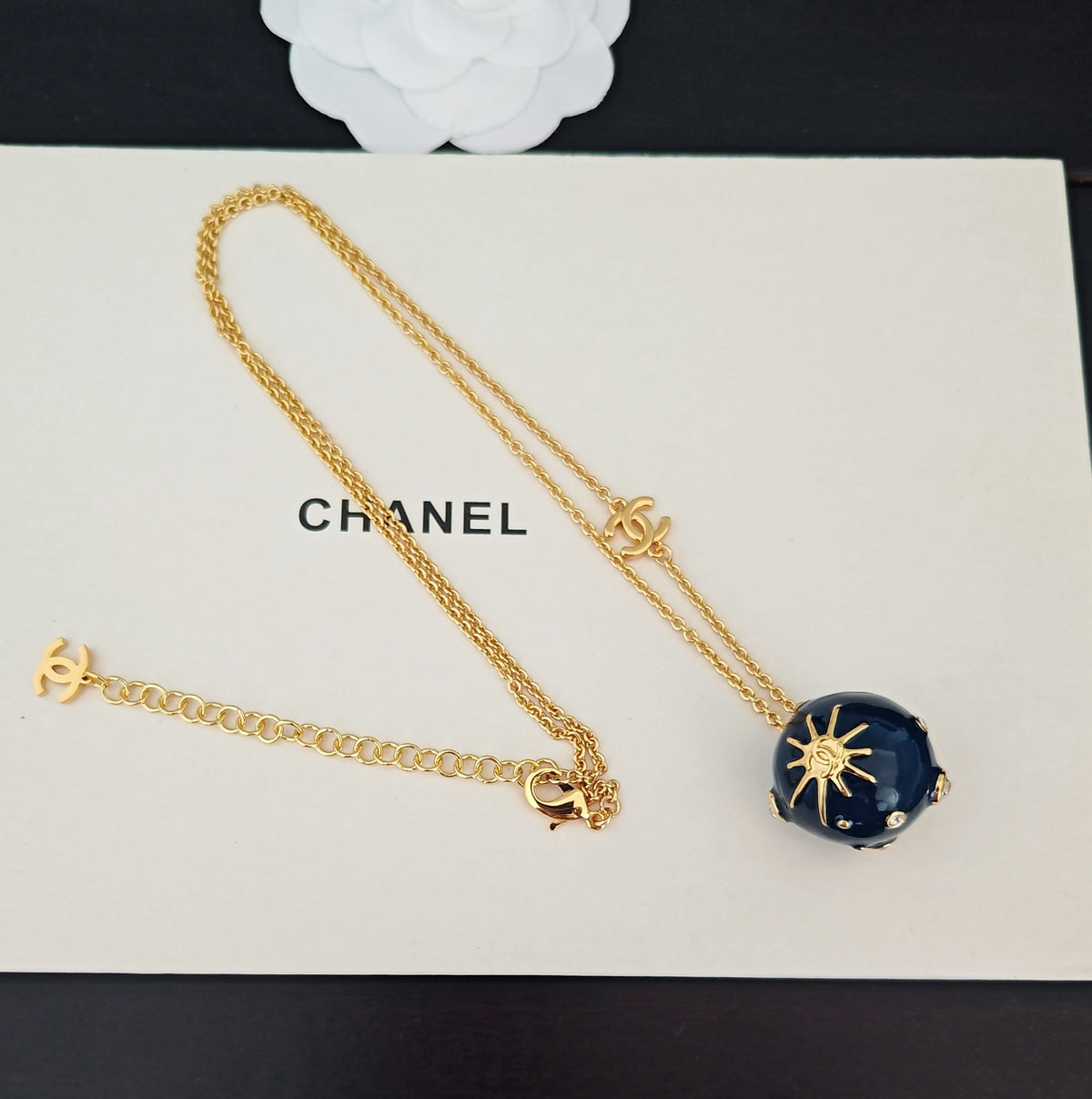 Signature Emblem Pendant Necklace in Gold-Tone – Blue Detail – Design 006 side detail