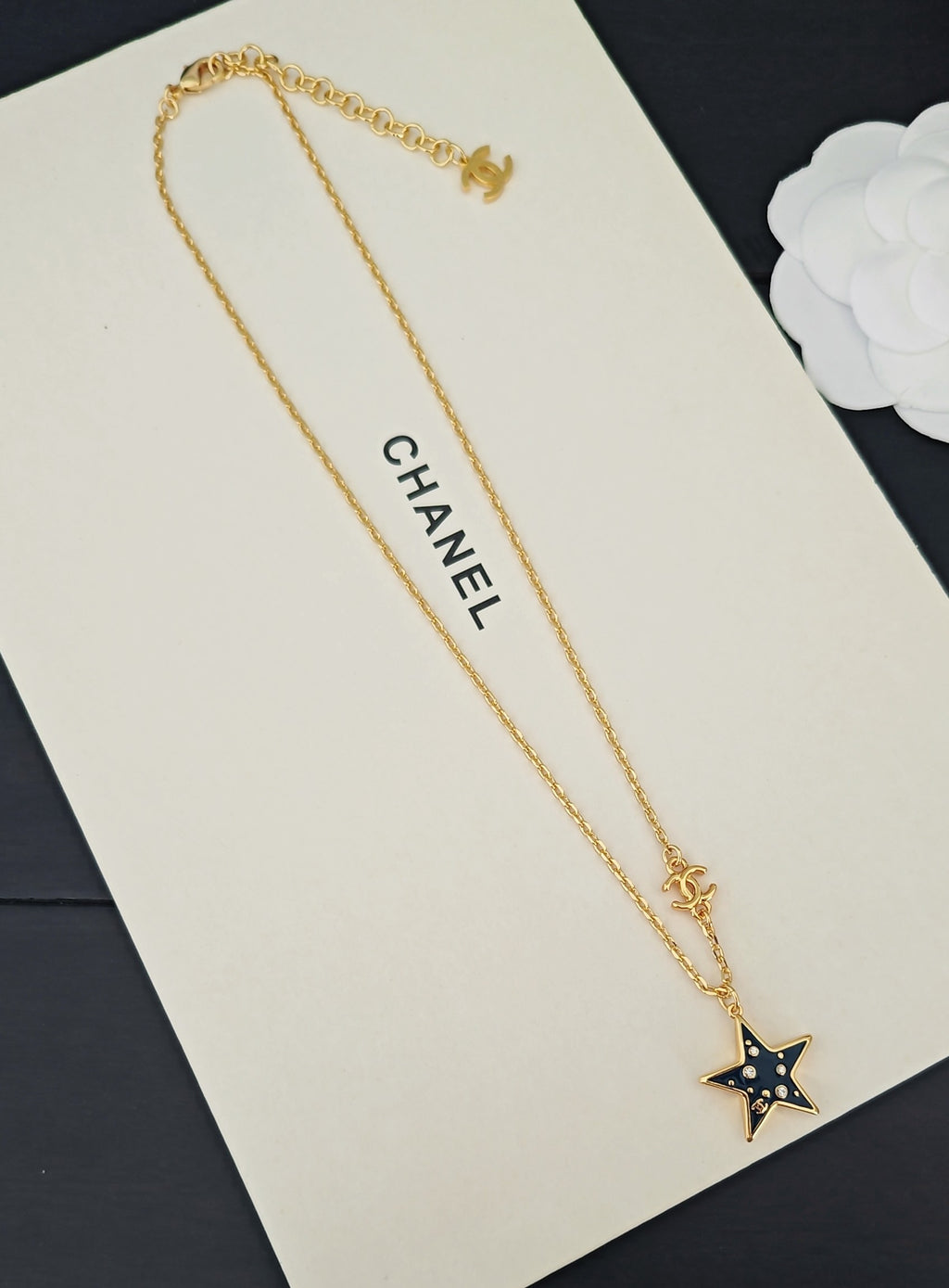 Signature Emblem Pendant Necklace in Gold-Tone – Blue Detail – Design 005 side detail