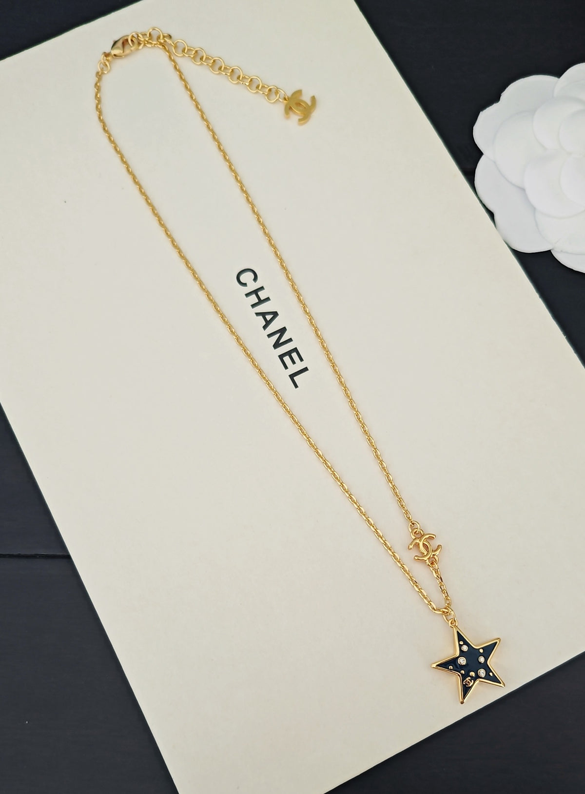 Signature Emblem Pendant Necklace in Gold-Tone – Blue Detail – Design 005 side detail