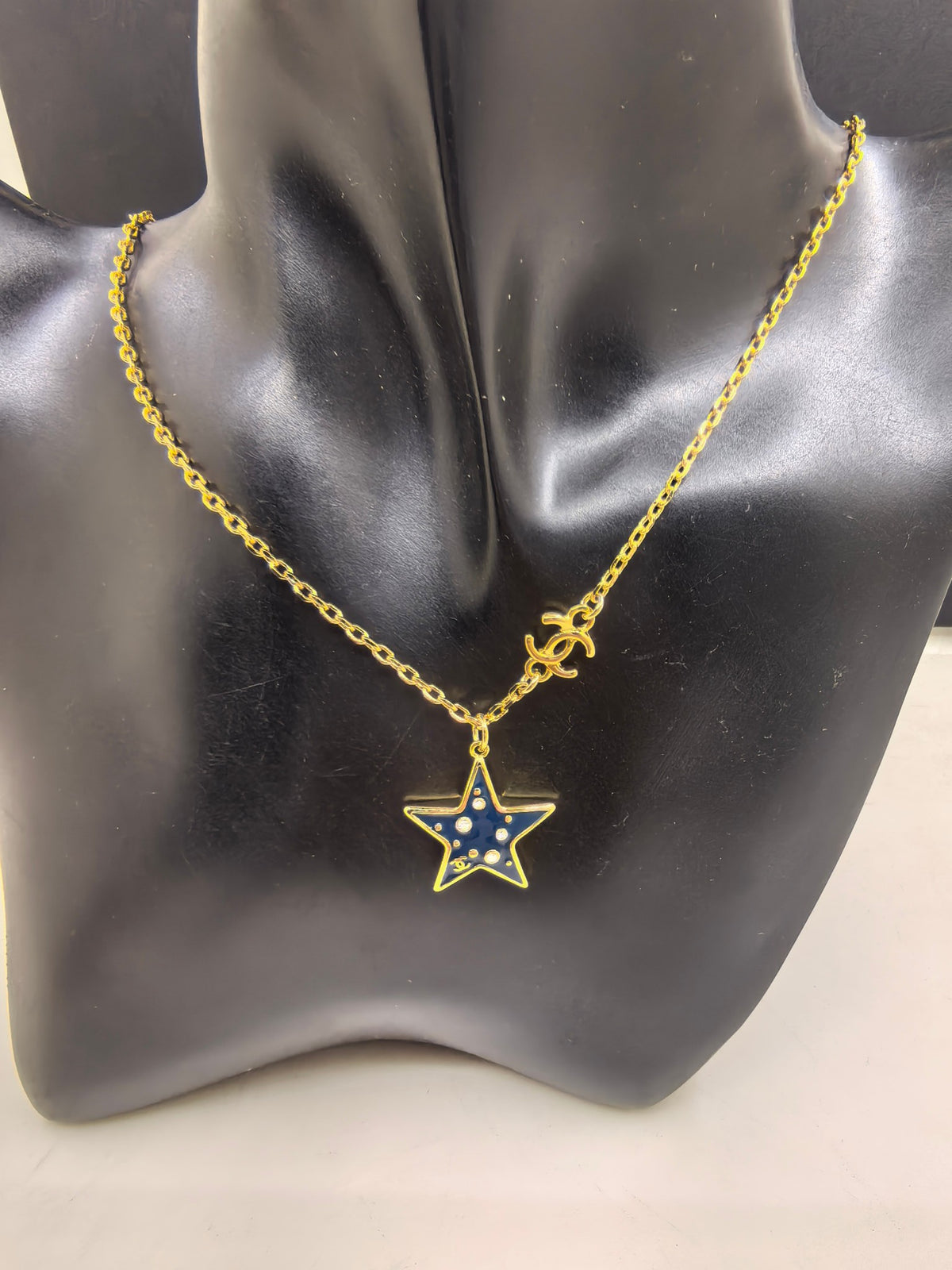 Signature Emblem Pendant Necklace in Gold-Tone – Blue Detail – Design 005 front product view