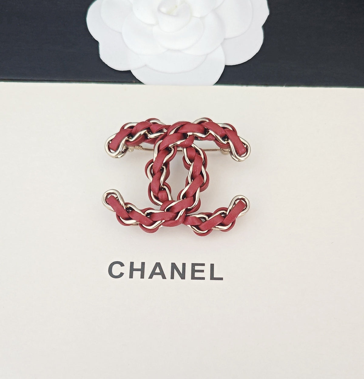Signature Emblem Brooch in Gold-Tone – Red Detail side detail