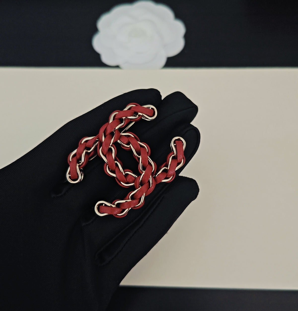 Signature Emblem Brooch in Gold-Tone – Red Detail main product view