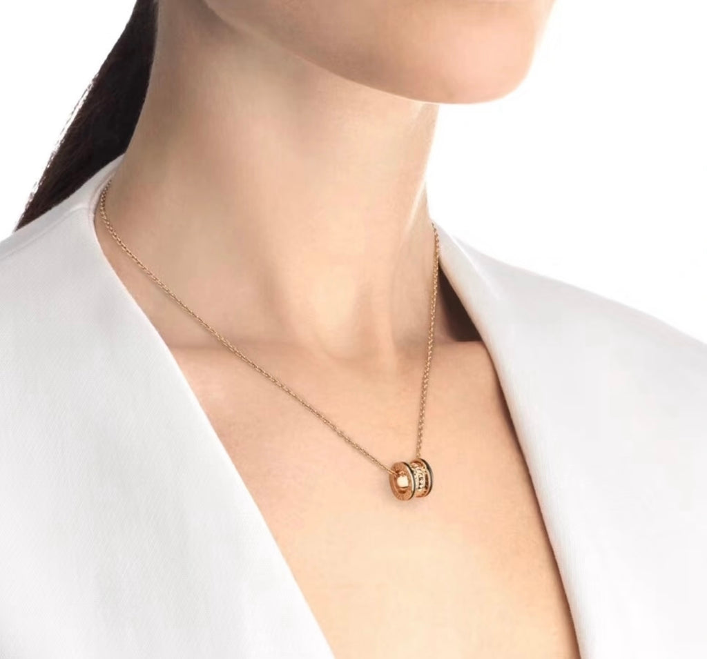 Geometric Emblem Pendant Necklace in Rose-Gold-Tone – Rose Gold Detail – Design 013 side detail