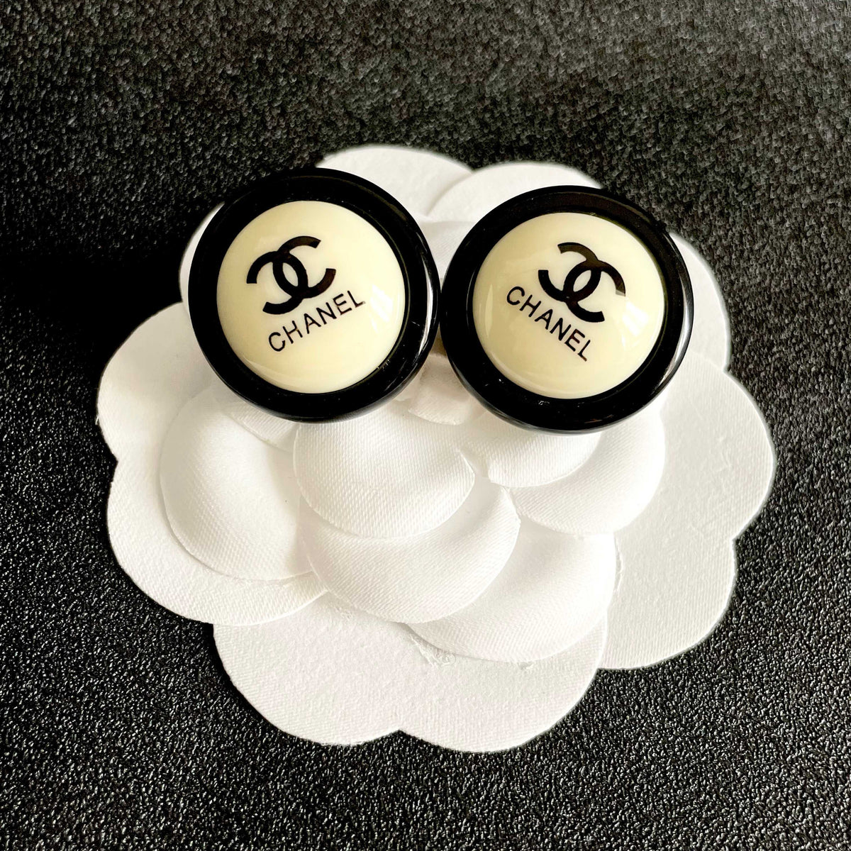 Double-C Emblem Stud Earrings in Polished Metal-Tone – Design 448 front product view