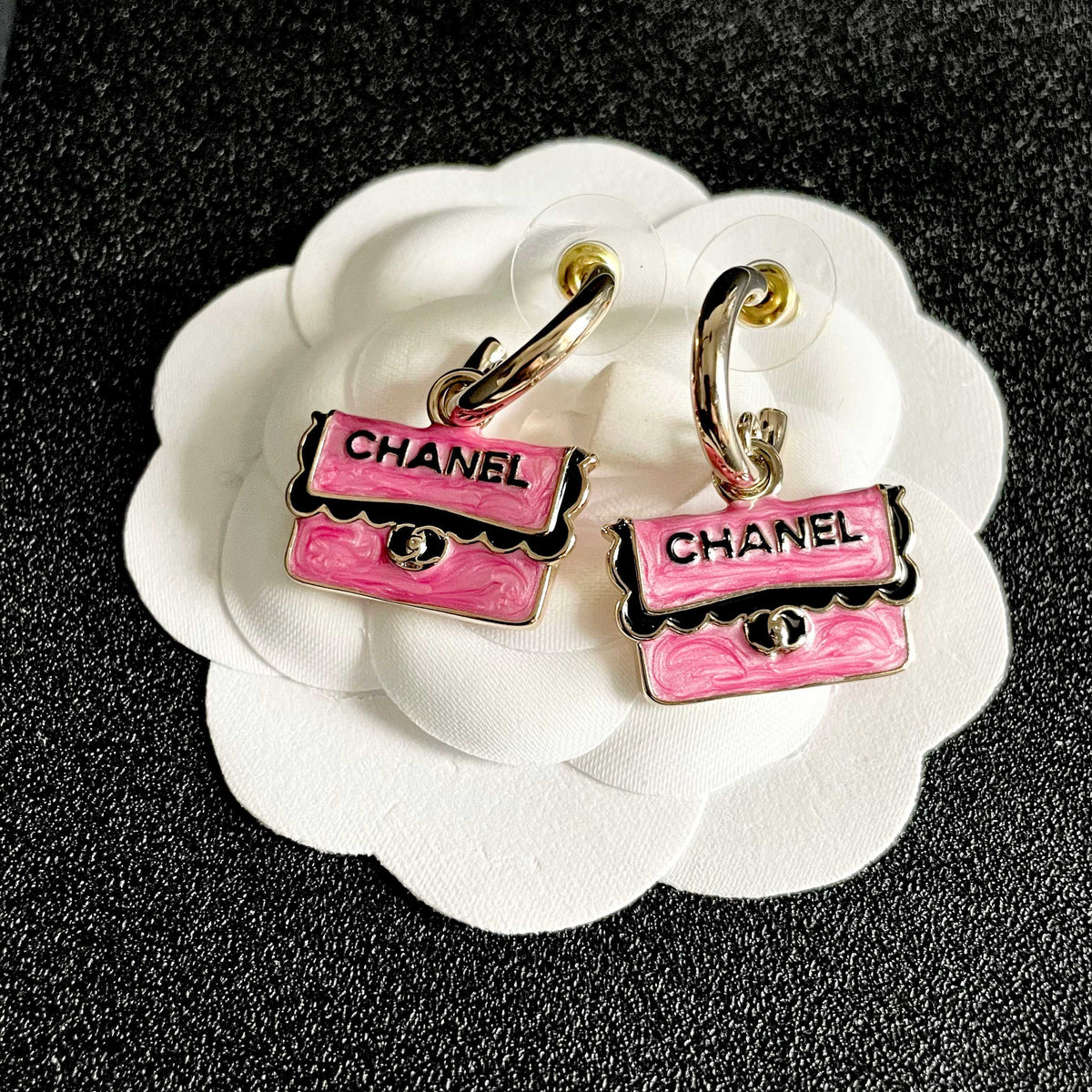 Double-C Emblem Stud Earrings in Polished Metal-Tone – Design 443 front product view
