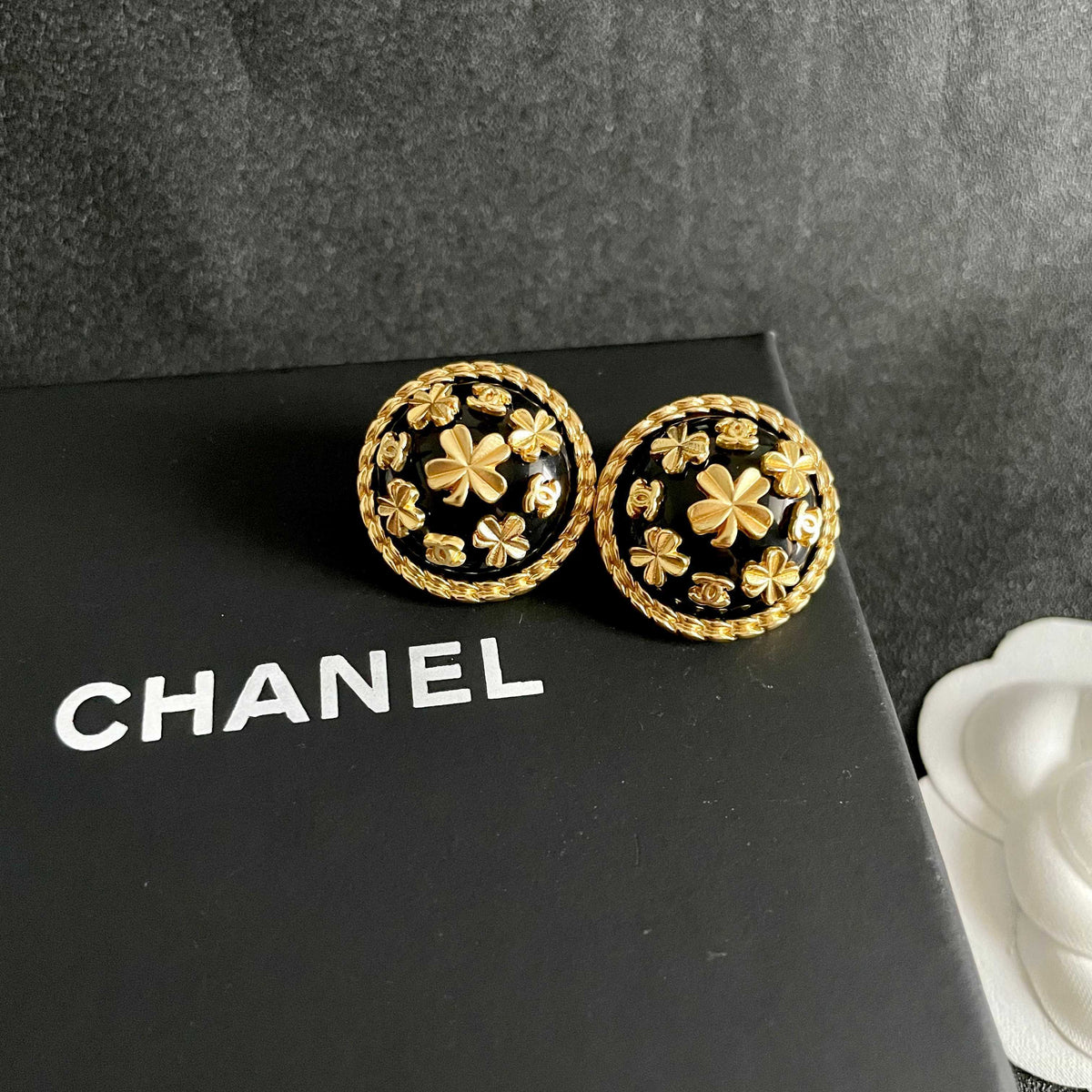 Camellia Stud Earrings in Polished Metal-Tone – Camellia Detail – Design 057 detail view