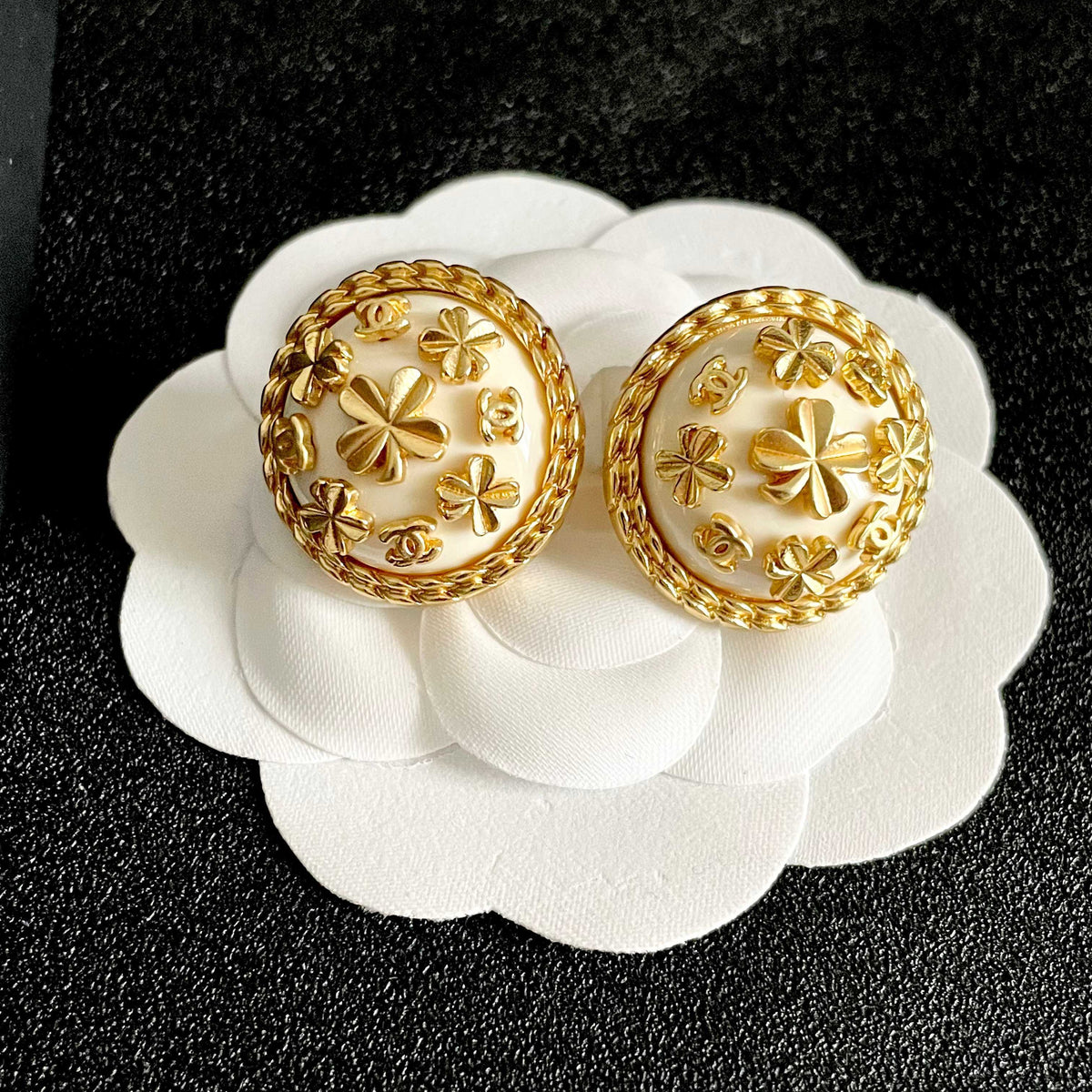 Camellia Stud Earrings in Polished Metal-Tone – Camellia Detail – Design 050 front product view