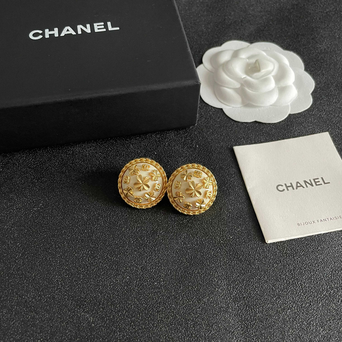 Camellia Stud Earrings in Polished Metal-Tone – Camellia Detail – Design 050 styled product view