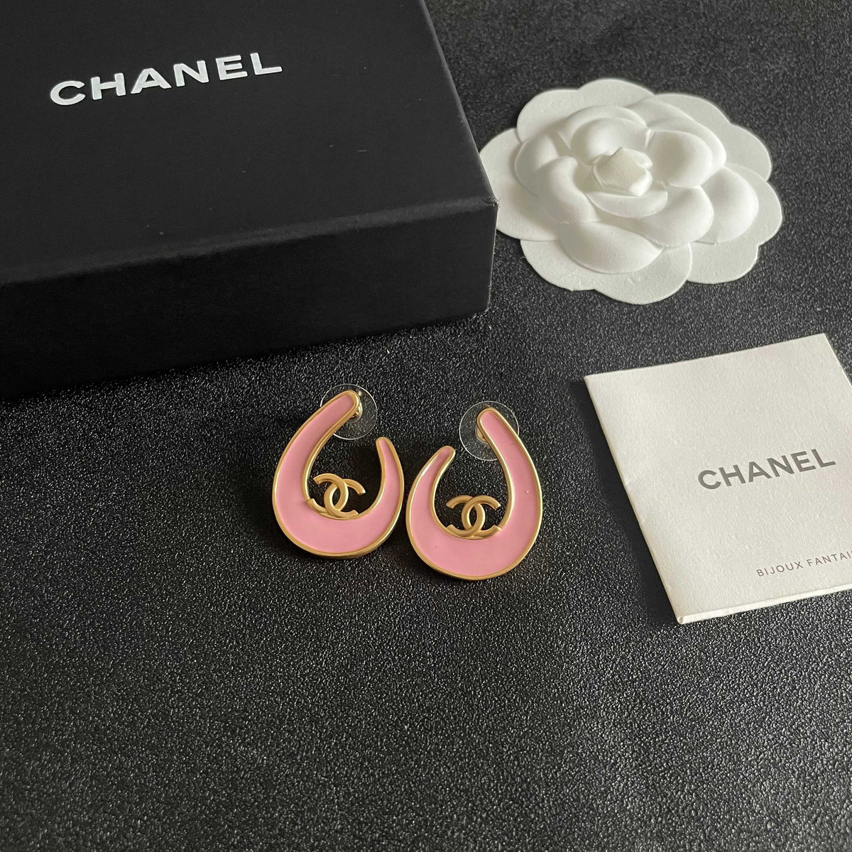 Double-C Emblem Stud Earrings in Polished Metal-Tone – Design 461 styled product view