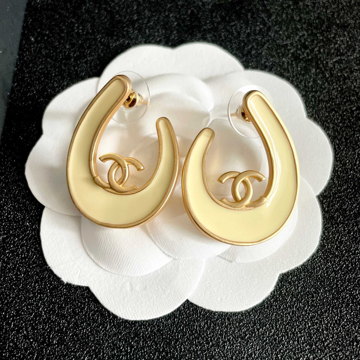 Double-C Emblem Stud Earrings in Polished Metal-Tone – Design 420 front product view