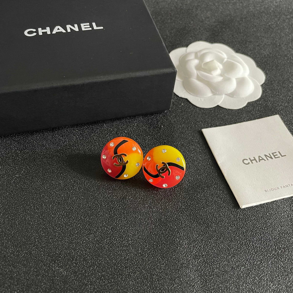 Double-C Emblem Stud Earrings in Polished Metal-Tone – Design 459 styled product view