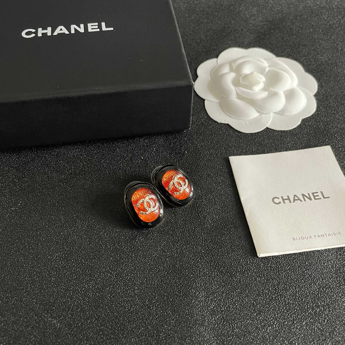 Double-C Emblem Stud Earrings in Polished Metal-Tone – Design 418 styled product view