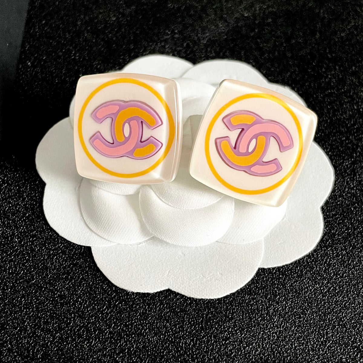 Double-C Emblem Stud Earrings in Polished Metal-Tone – Design 416 front product view